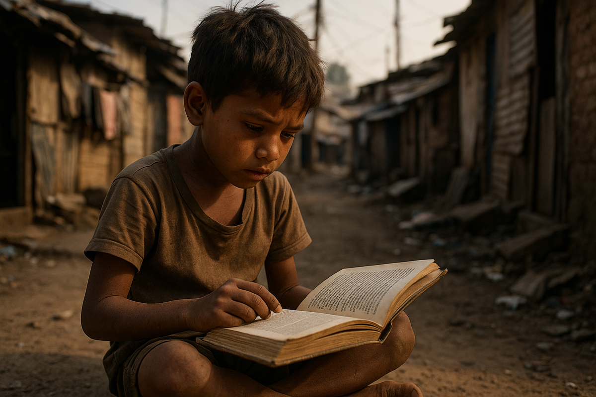 poor child reading a book , background slum area